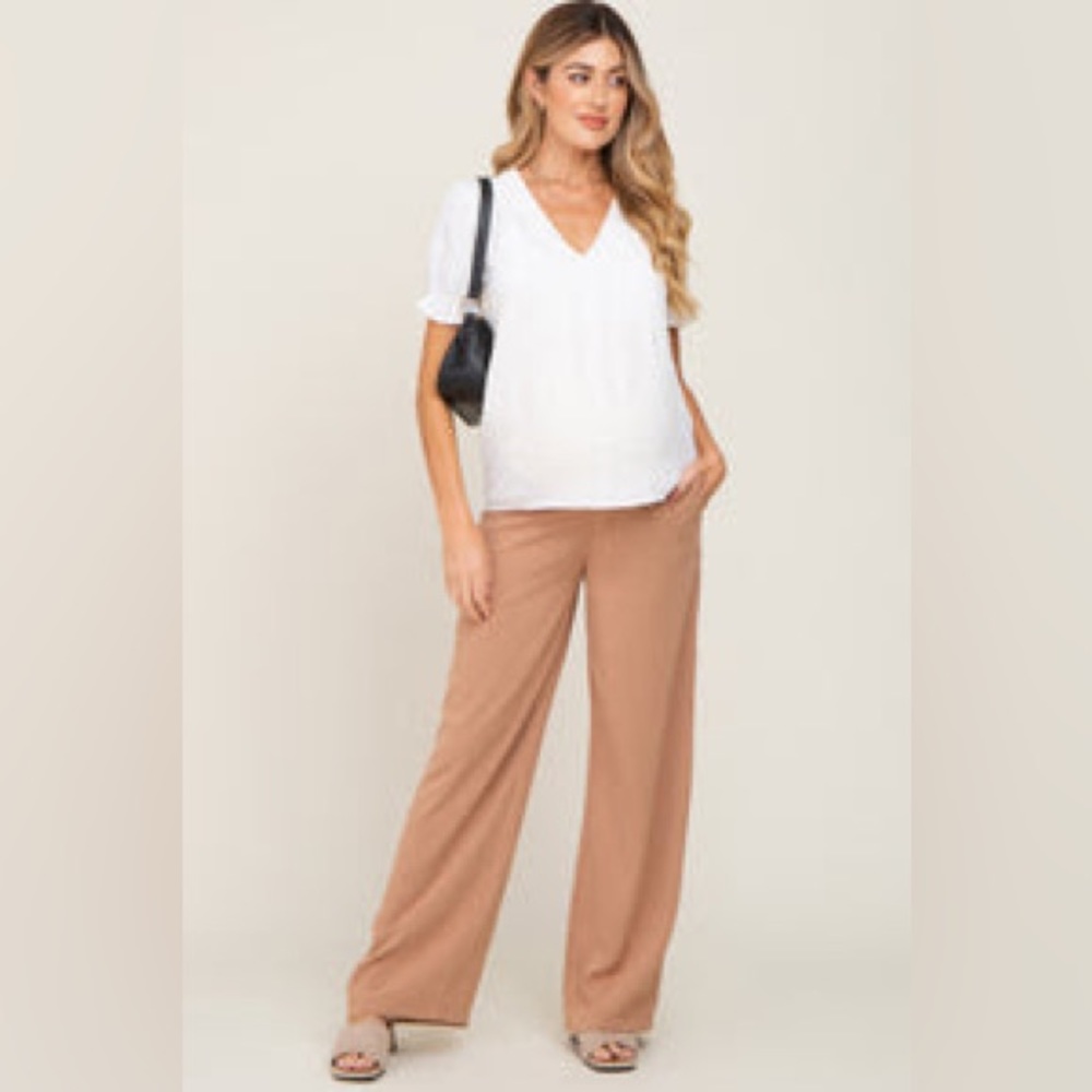 Pink Blush - Camel Maternity Straight Leg Trousers